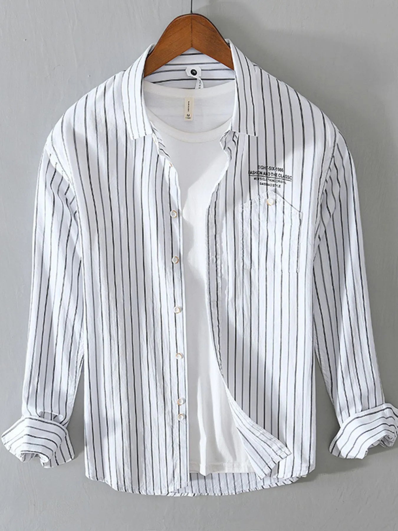 Front view of Men's Plus Size Classic Striped Button-Down Shirt in White showing neckline and sleeve details