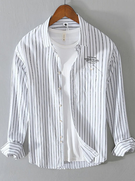 Front view of Men's Plus Size Classic Striped Button-Down Shirt in White showing neckline and sleeve details