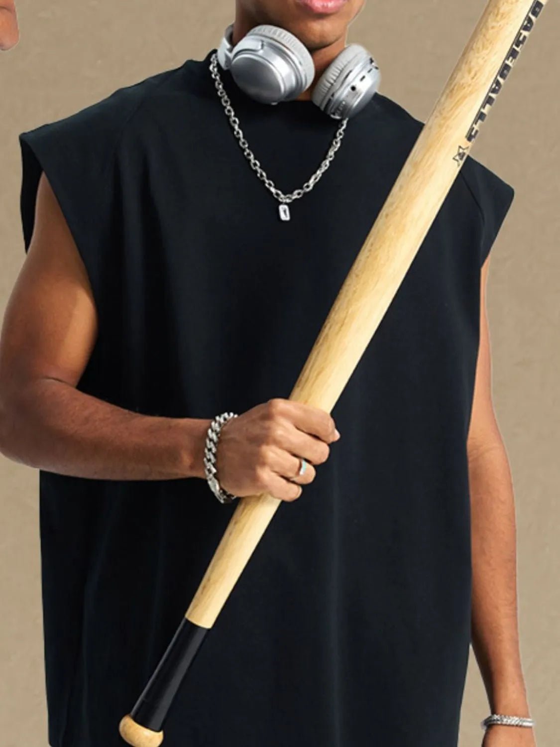 Front view of Men's Round Neck Tank in Black showing neckline and sleeve details (100% cotton with a slightly stretchy fit)