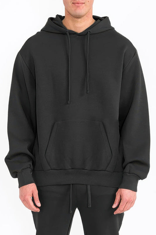 Front view of Mens Solid Tech Fleece Hoodie showing neckline and sleeve details (70% cotton and)