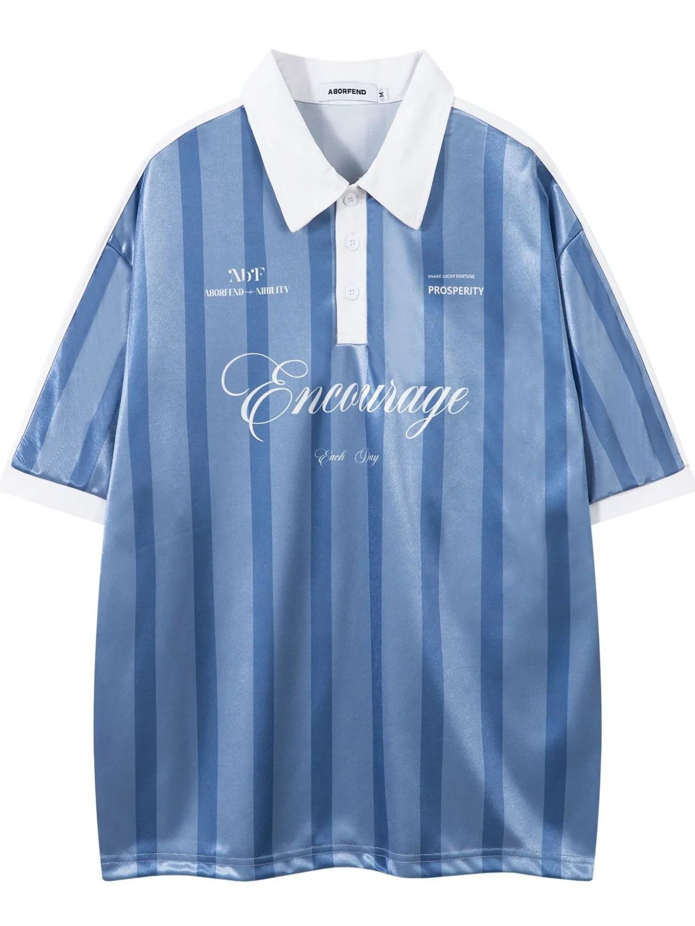 Front view of Men's Striped Short Sleeve Polo in Blue showing neckline and sleeve details (100% polyester fabric)