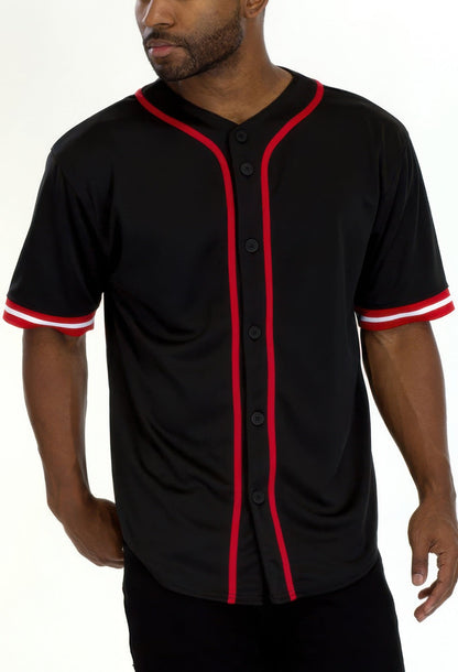 Front view of Men's Taped Baseball Jersey showing neckline and sleeve details (polyester)