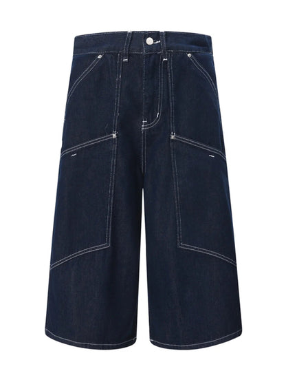Front view of Men's Wash Cargo Denim Shorts in Dark Blue showing neckline and sleeve details