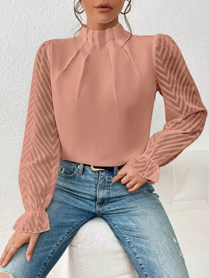 Mock Neck Sheer Lace Sleeve Blouse - Rochelle's House LLC