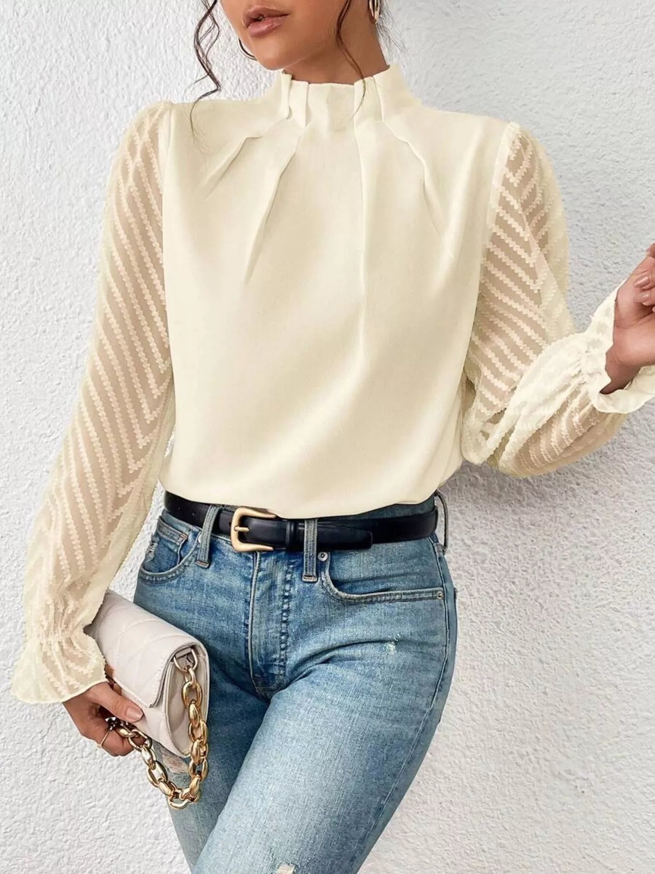 Mock Neck Sheer Lace Sleeve Blouse - Rochelle's House LLC
