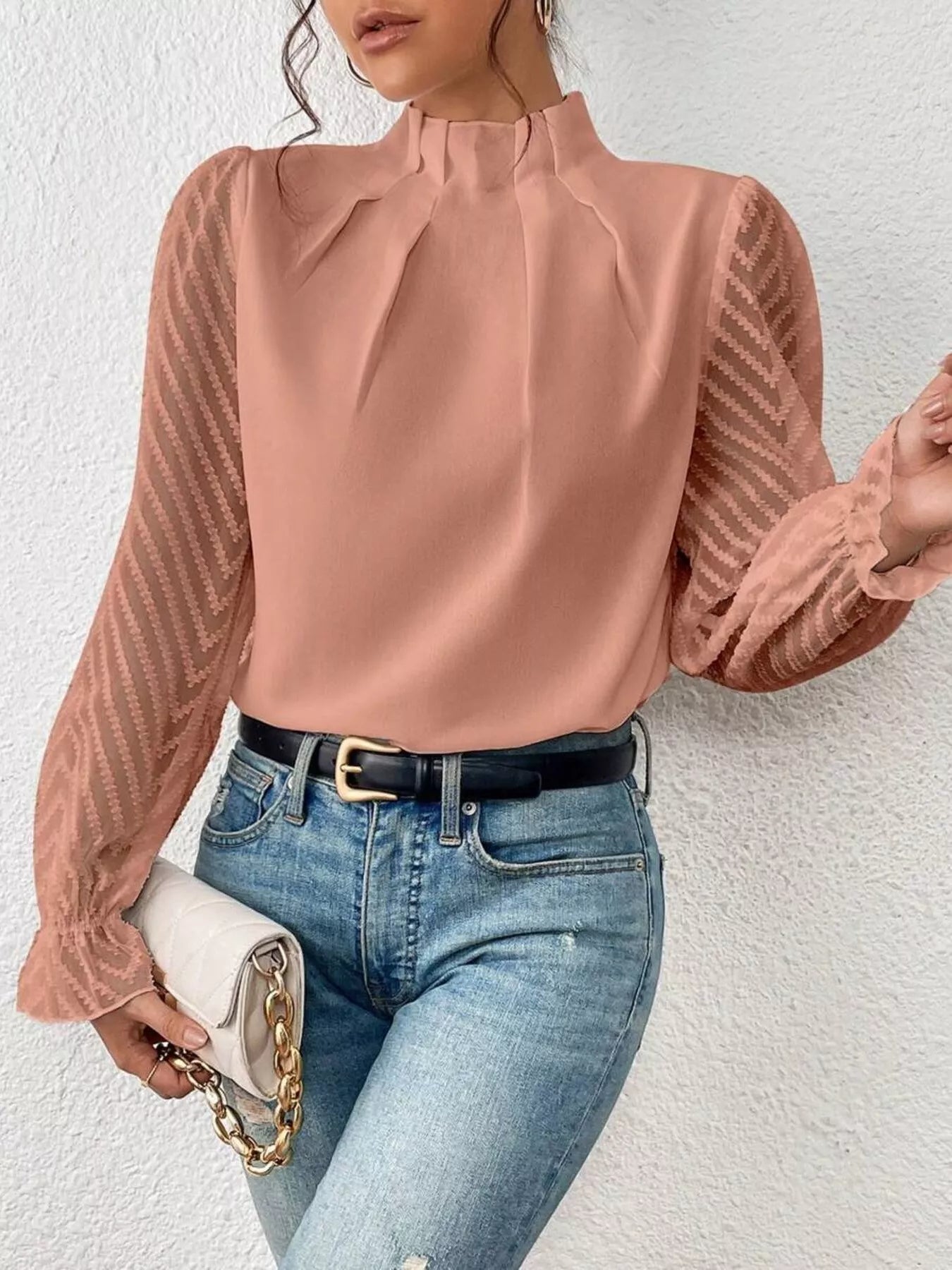 Mock Neck Sheer Lace Sleeve Blouse - Rochelle's House LLC