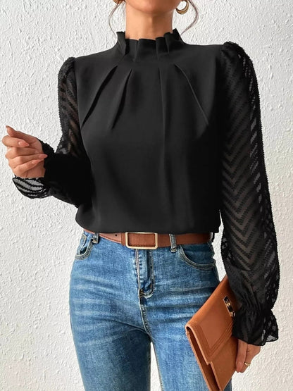 Mock Neck Sheer Lace Sleeve Blouse - Rochelle's House LLC