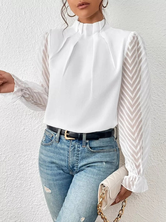Mock Neck Sheer Lace Sleeve Blouse - Rochelle's House LLC