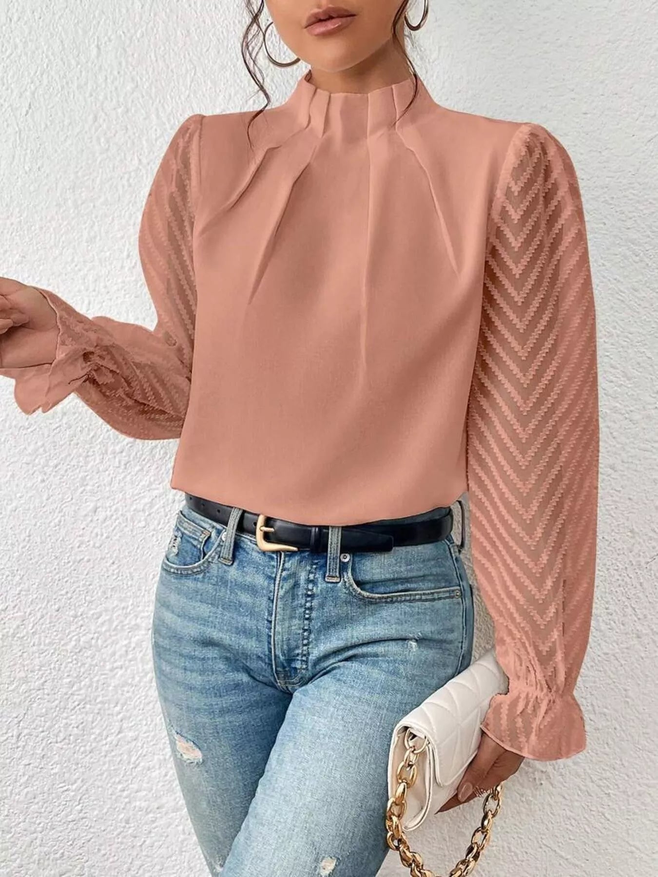Mock Neck Sheer Lace Sleeve Blouse - Rochelle's House LLC