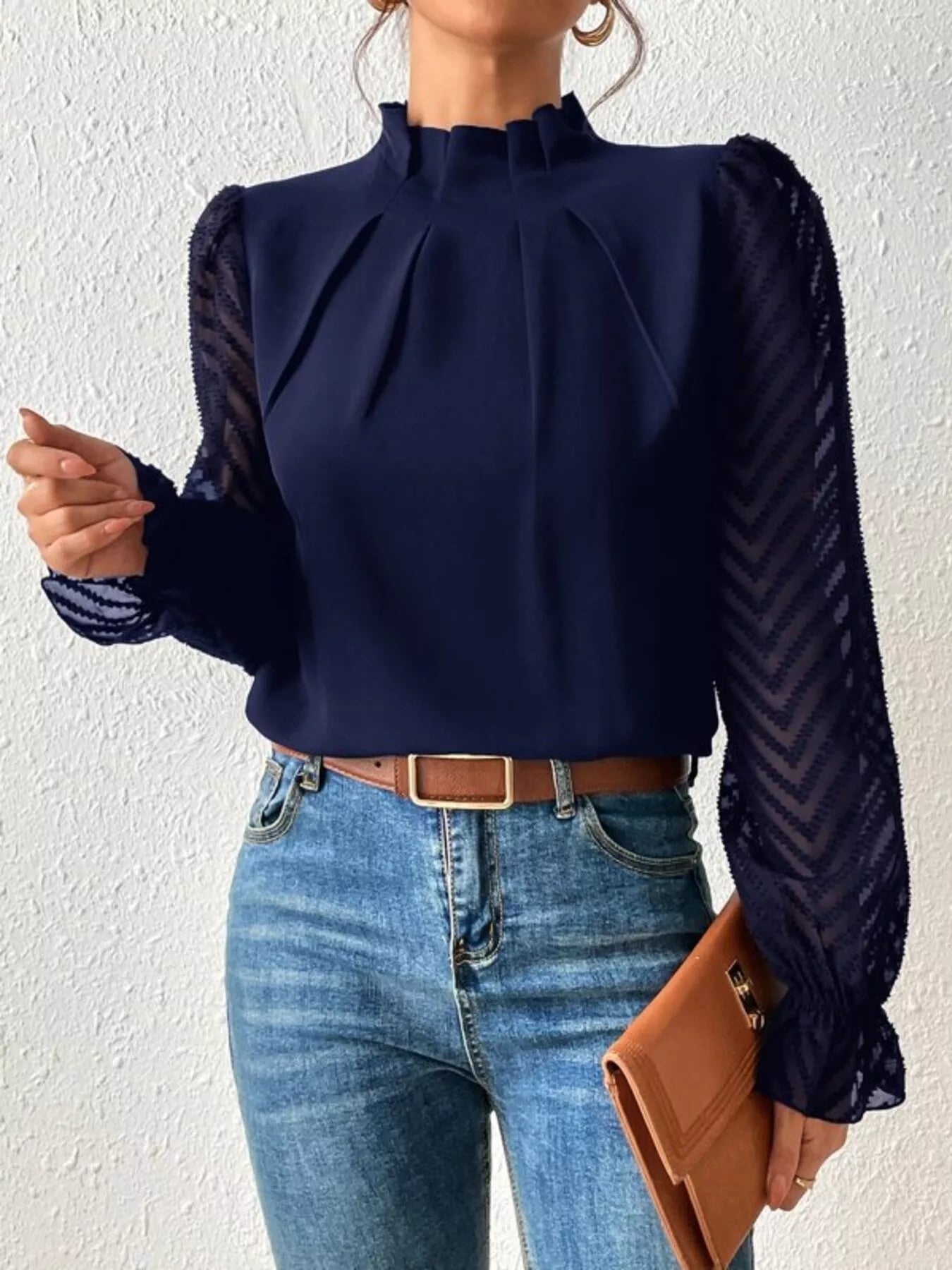 Mock Neck Sheer Lace Sleeve Blouse - Rochelle's House LLC