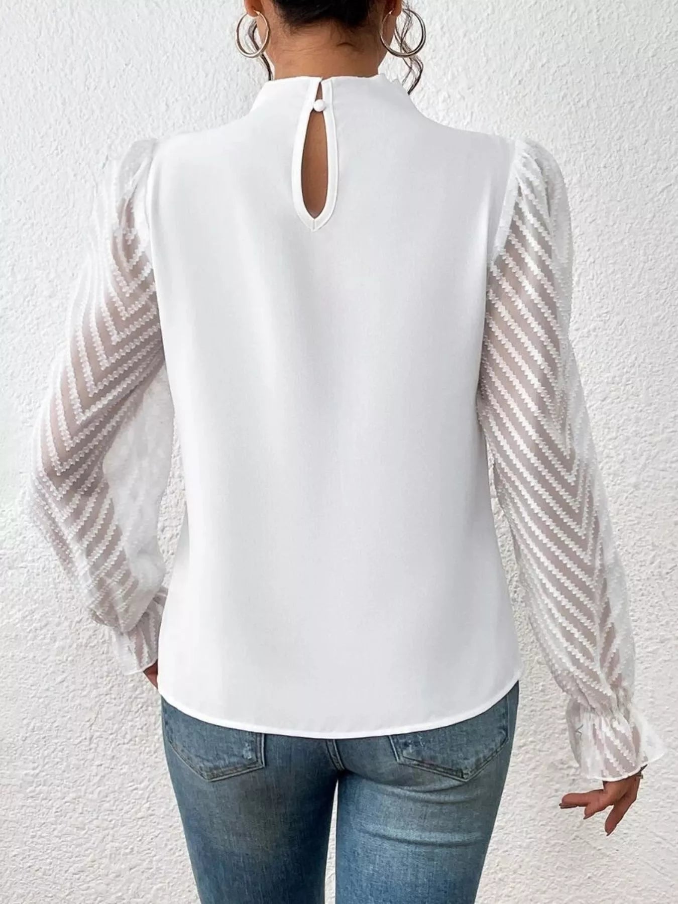 Mock Neck Sheer Lace Sleeve Blouse - Rochelle's House LLC