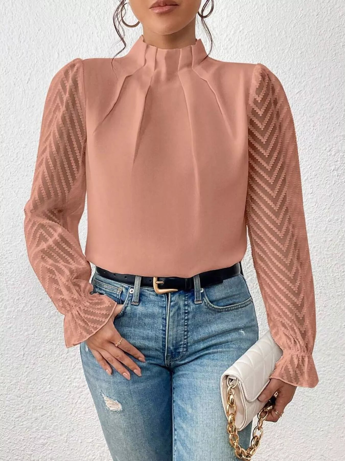 Mock Neck Sheer Lace Sleeve Blouse - Rochelle's House LLC