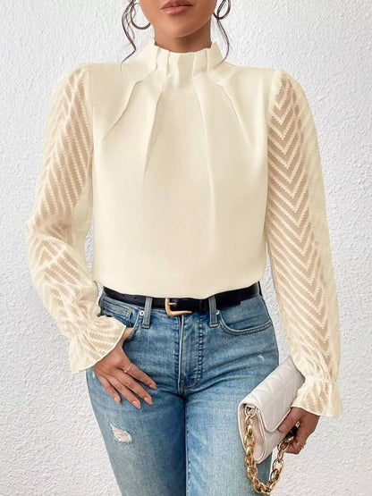 Mock Neck Sheer Lace Sleeve Blouse - Rochelle's House LLC