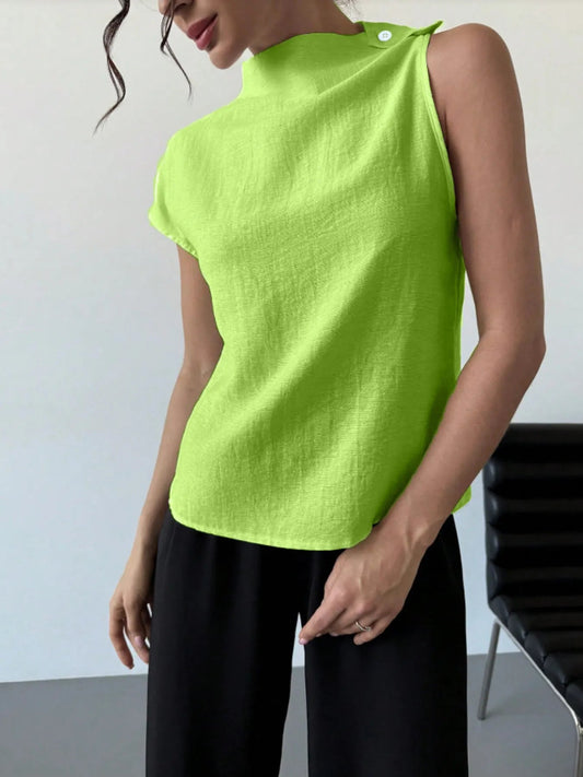 Front view of Mock Neck Solid Color Tank in Light Green showing neckline and sleeve details