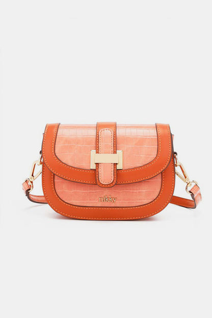Front view of Nicole Lee USA Croc Embossed Crossbody Bag in Orange showing neckline and sleeve details (nylon)