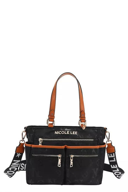 Front view of Nicole Lee USA Multi-Compartment Convertible Tote Bag in BLACK showing neckline and sleeve details