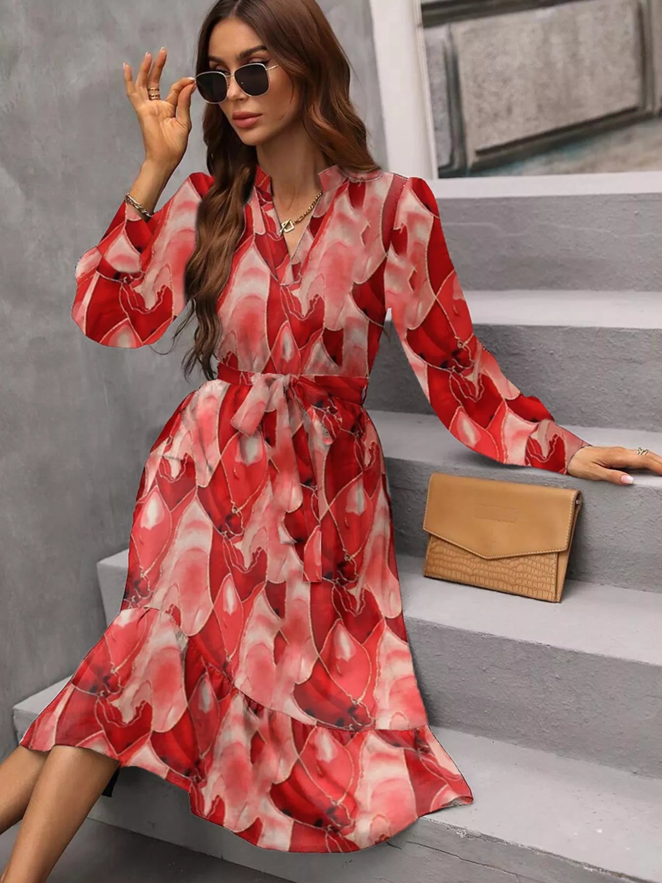 Notched Tie Waist Long Sleeve Dress - Rochelle's House LLC