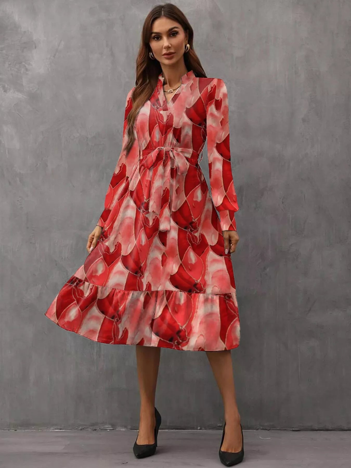 Notched Tie Waist Long Sleeve Dress - Rochelle's House LLC