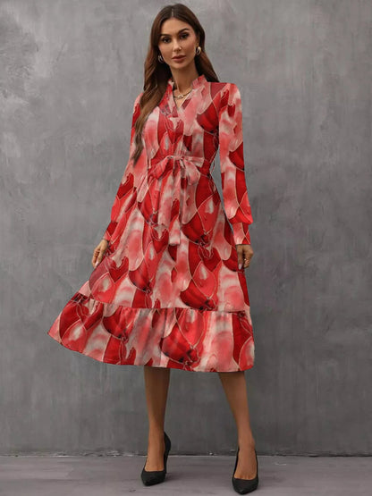 Notched Tie Waist Long Sleeve Dress - Rochelle's House LLC