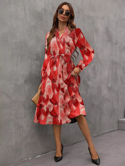 Notched Tie Waist Long Sleeve Dress - Rochelle's House LLC