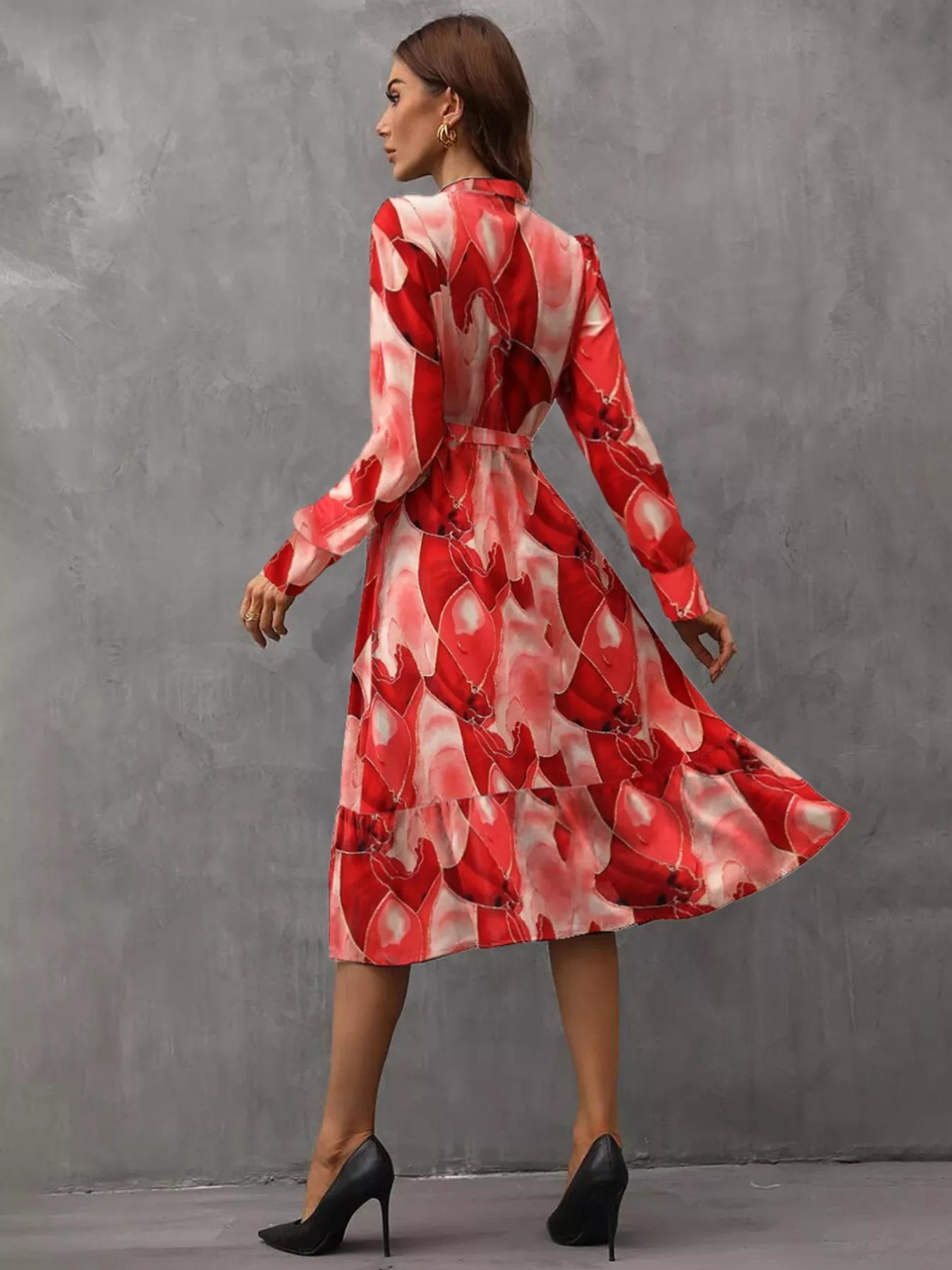 Notched Tie Waist Long Sleeve Dress - Rochelle's House LLC