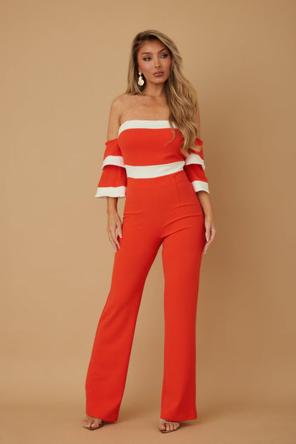 Front view of Off Shoulder Black N White Color Combo Jumpsuit in black showing neckline and sleeve details