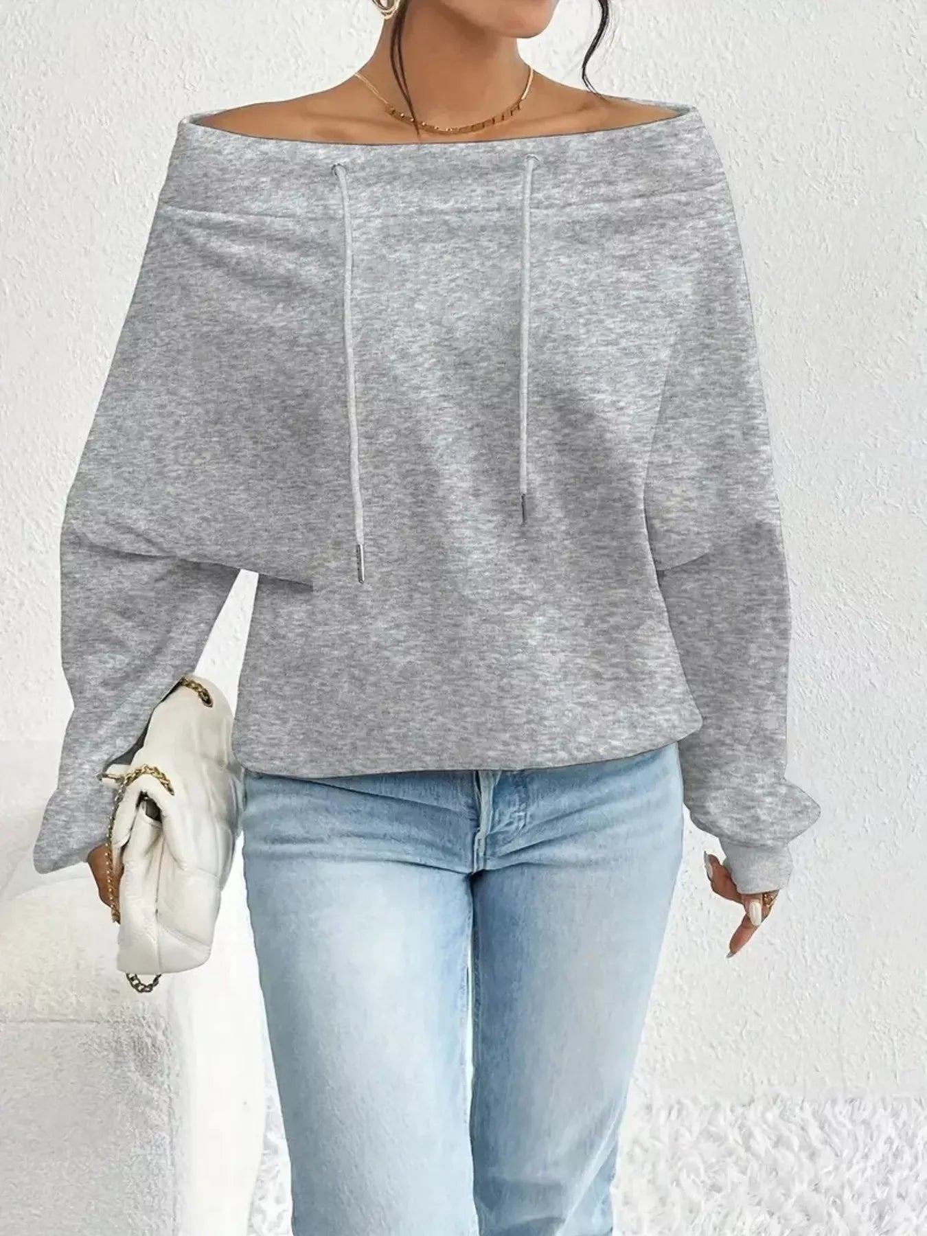 Off - Shoulder Drawstring Sweatshirt - Rochelle's House LLC