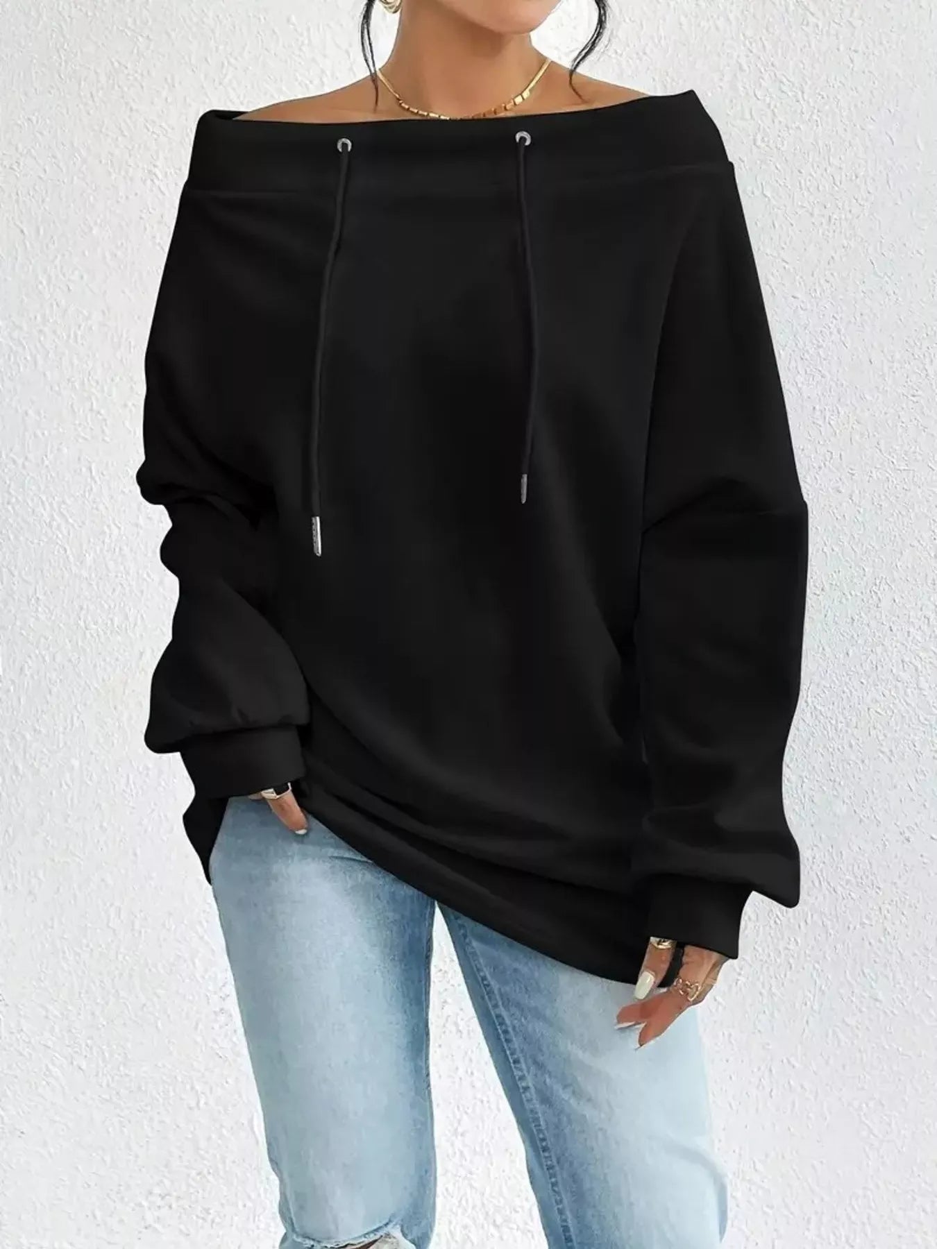 Off - Shoulder Drawstring Sweatshirt - Rochelle's House LLC