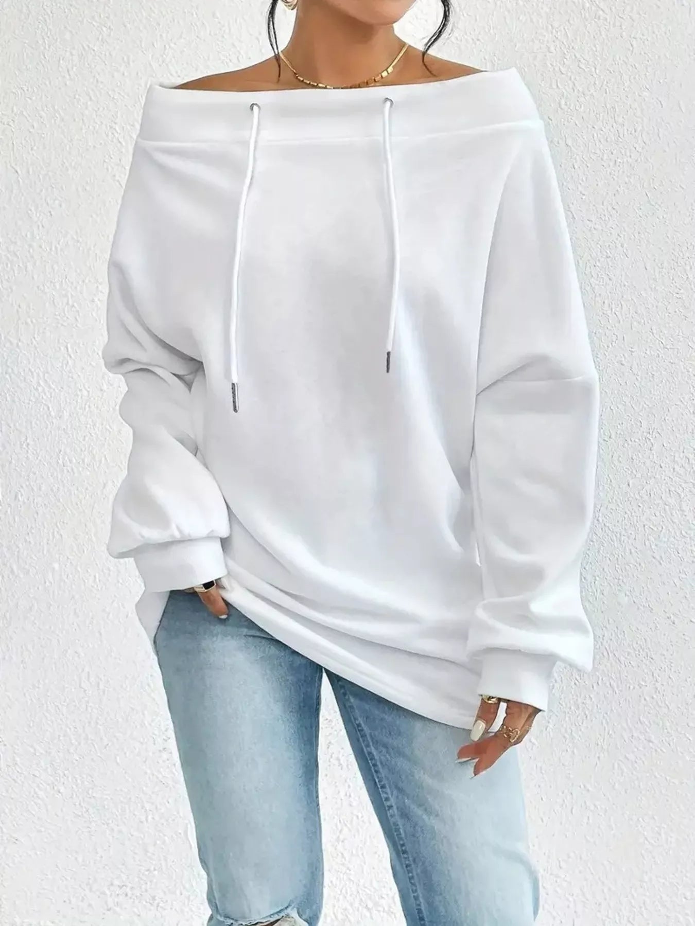Off - Shoulder Drawstring Sweatshirt - Rochelle's House LLC