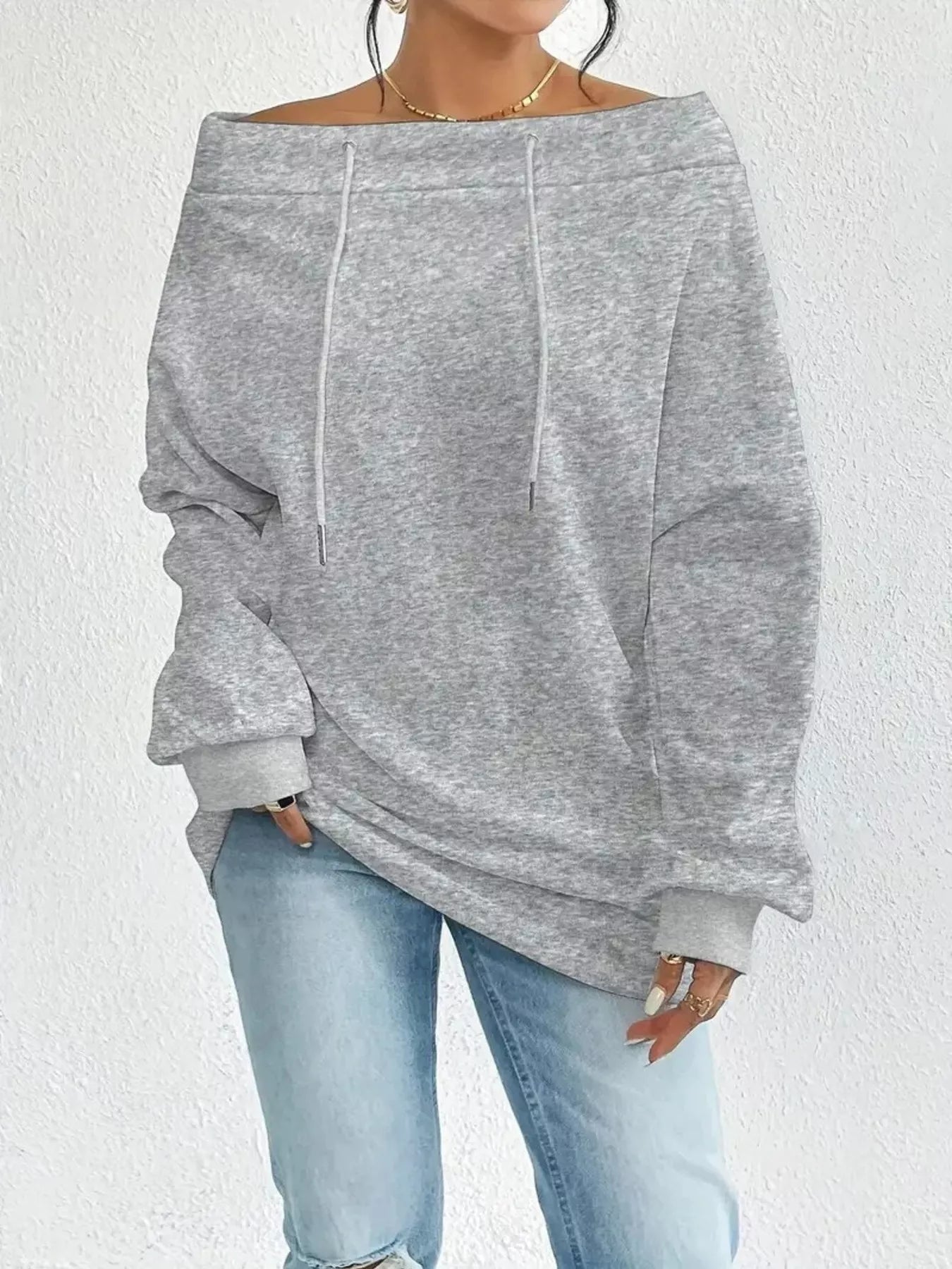 Off - Shoulder Drawstring Sweatshirt - Rochelle's House LLC