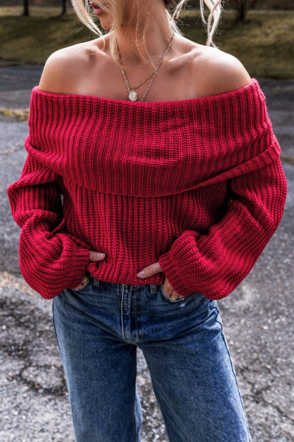 Off - Shoulder Long Sleeve Sweater - Rochelle's House LLC
