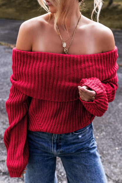 Off - Shoulder Long Sleeve Sweater - Rochelle's House LLC