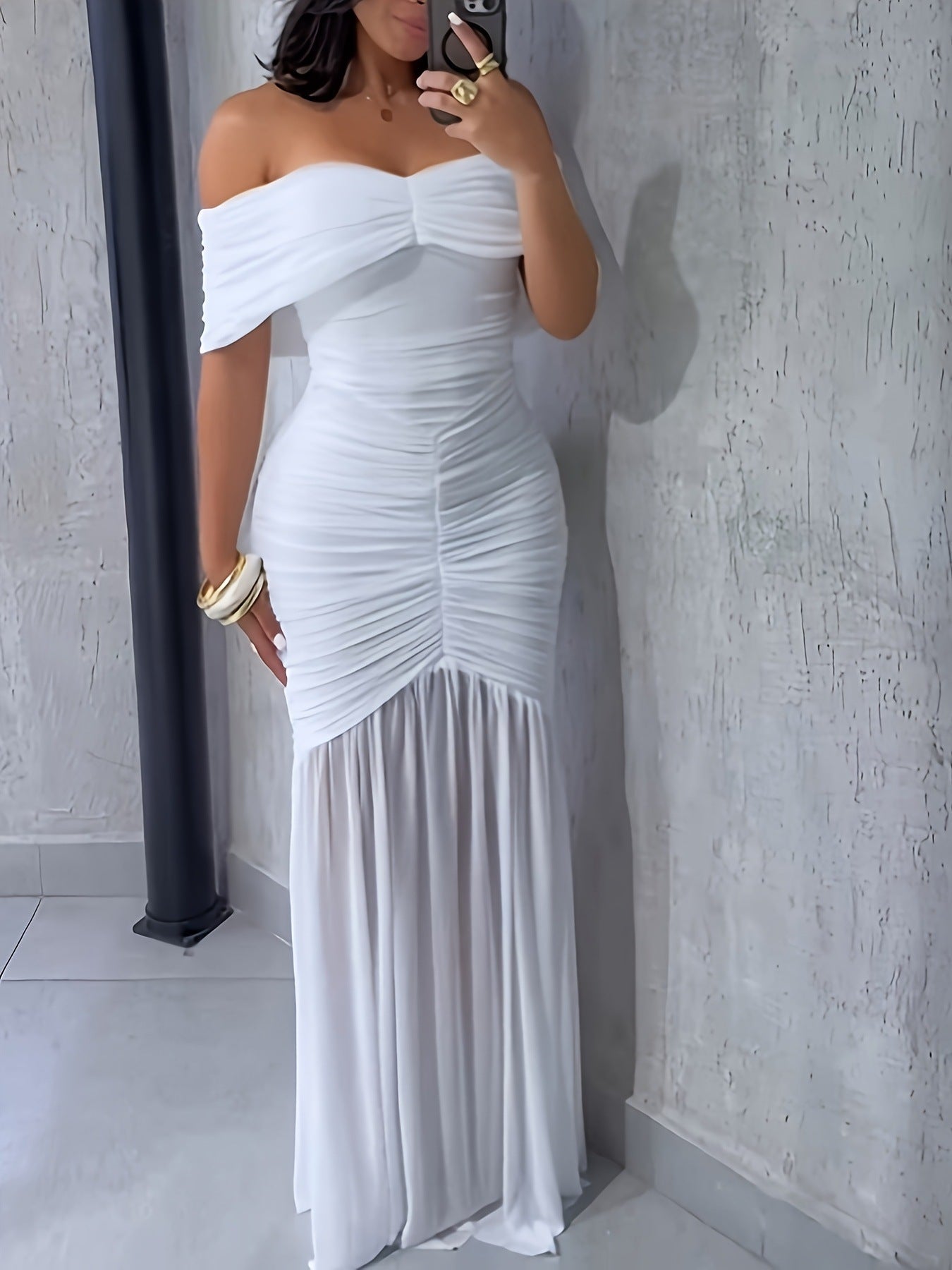 Off - Shoulder Ruched Bodycon Maxi Dress - Rochelle's House LLC