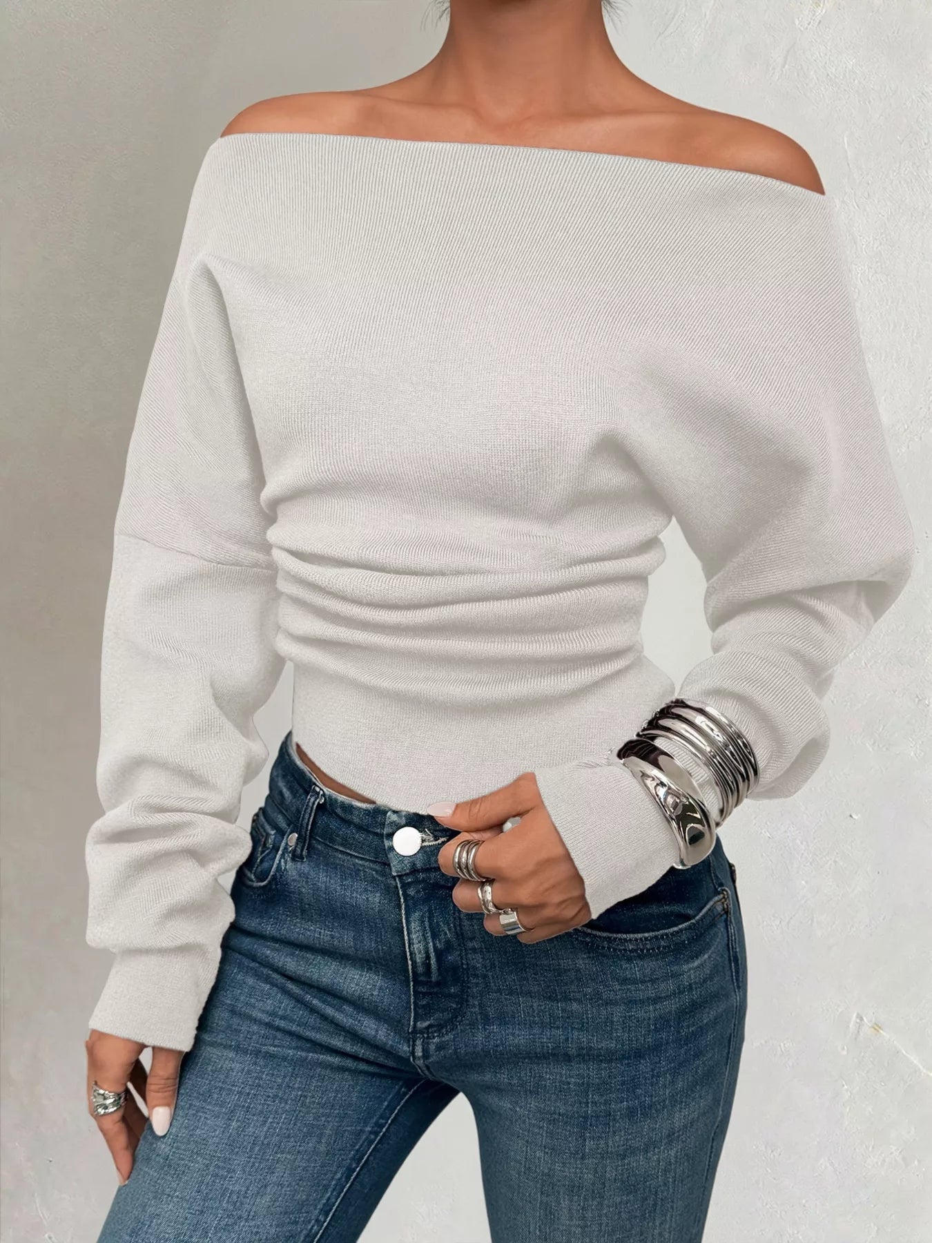 Off - Shoulder Ruched Long Sleeve Sweaer - Rochelle's House LLC