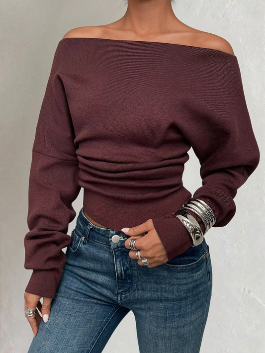 Off - Shoulder Ruched Long Sleeve Sweaer - Rochelle's House LLC