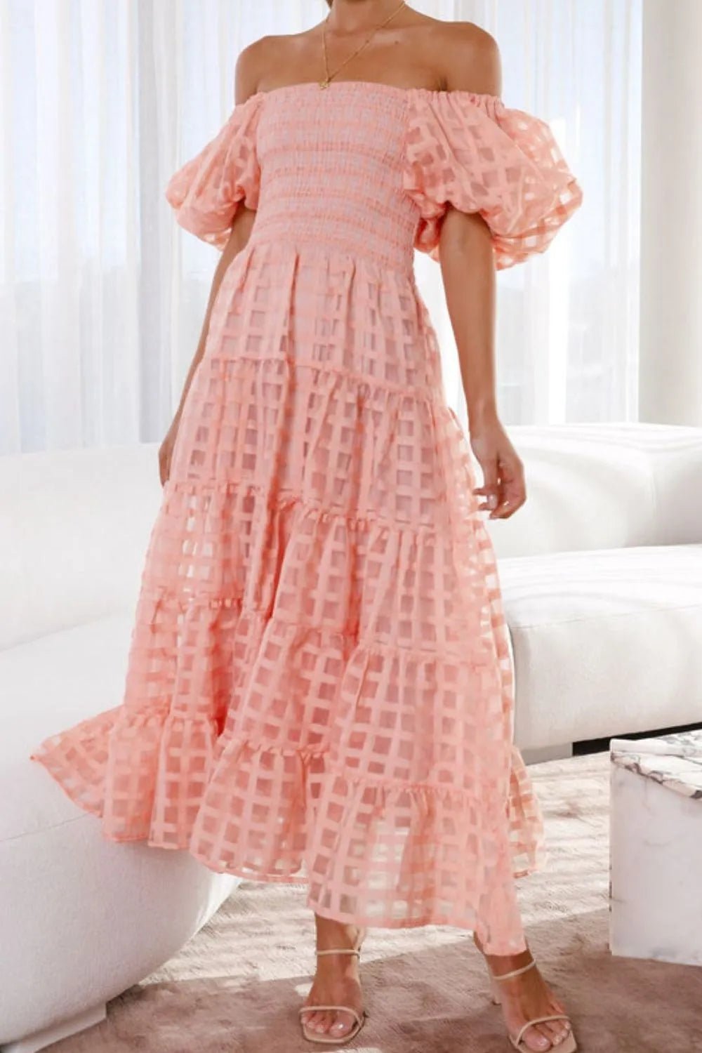 Front view of Off Shoulder Short Puff Sleeve Midi Dress in Watermelon pink showing neckline and sleeve details