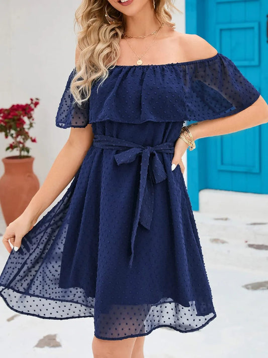Front view of Off Shoulder Short Sleeve Mini Dress in Indigo showing neckline and sleeve details