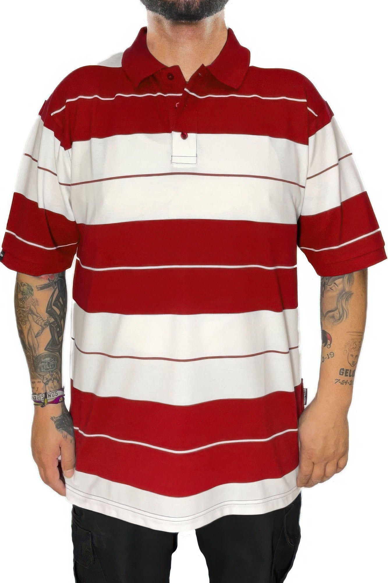 Front view of Old School Pique Polo Shirt showing neckline and sleeve details (polyester)