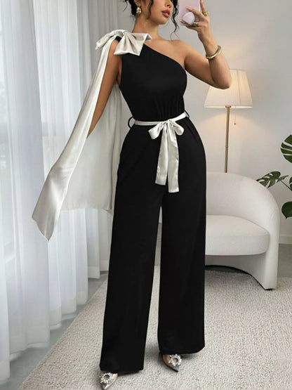 One - Shoulder Bowknot Wide Leg Jumpsuit - Rochelle's House LLC