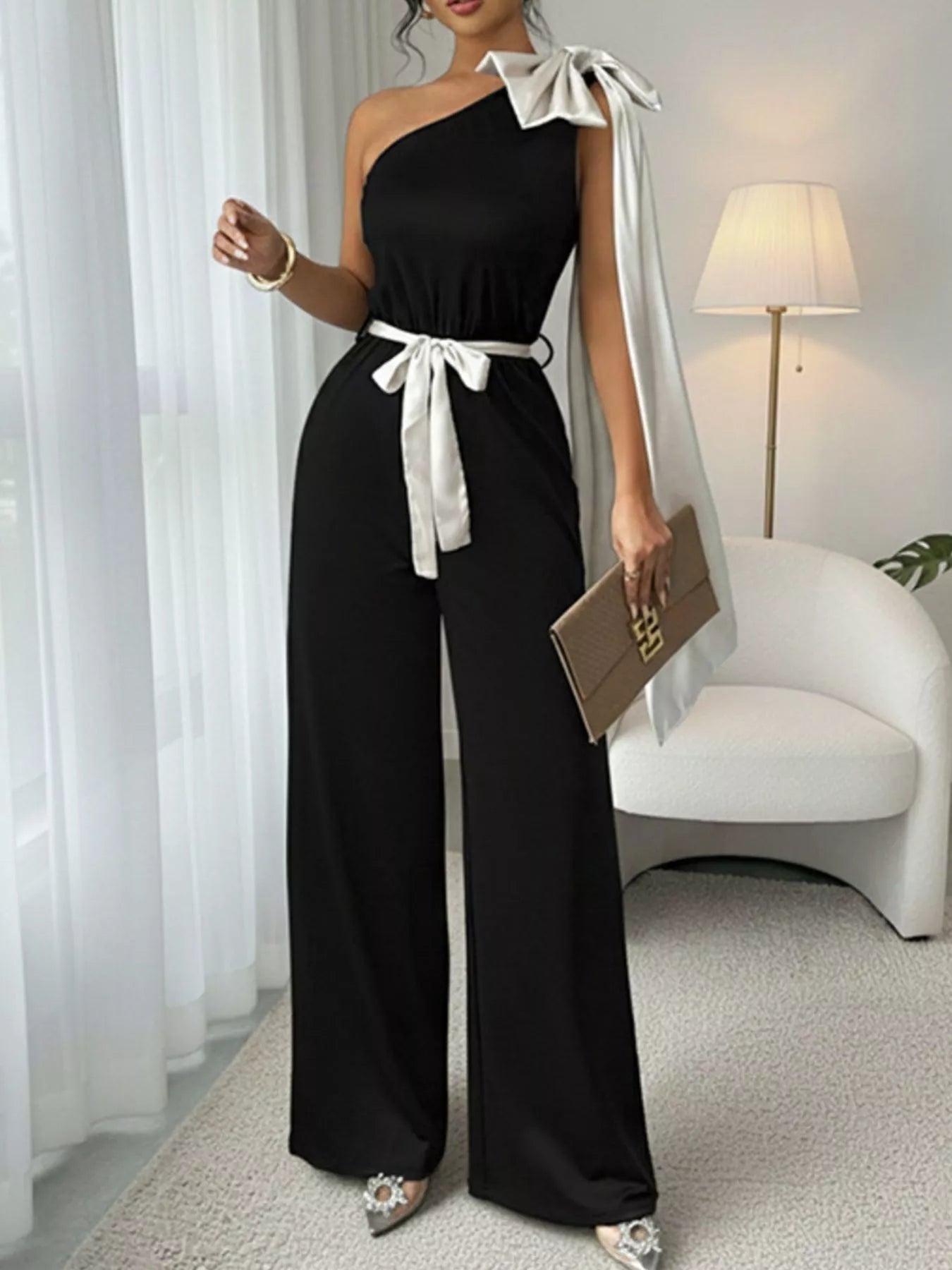 One - Shoulder Bowknot Wide Leg Jumpsuit - Rochelle's House LLC