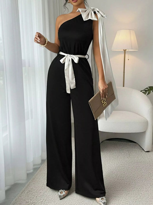 One - Shoulder Bowknot Wide Leg Jumpsuit - Rochelle's House LLC