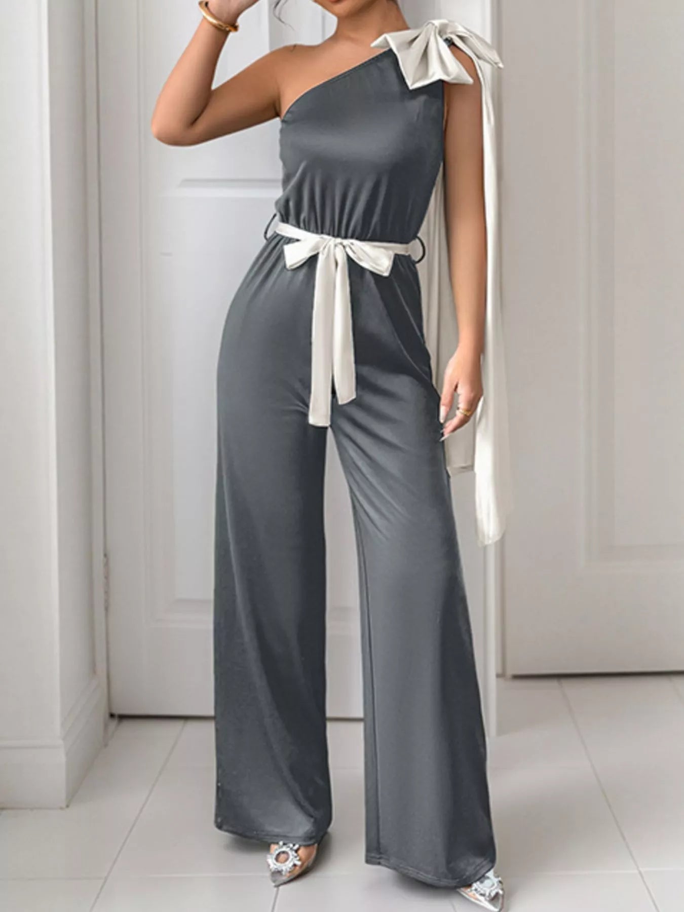 One - Shoulder Bowknot Wide Leg Jumpsuit - Rochelle's House LLC
