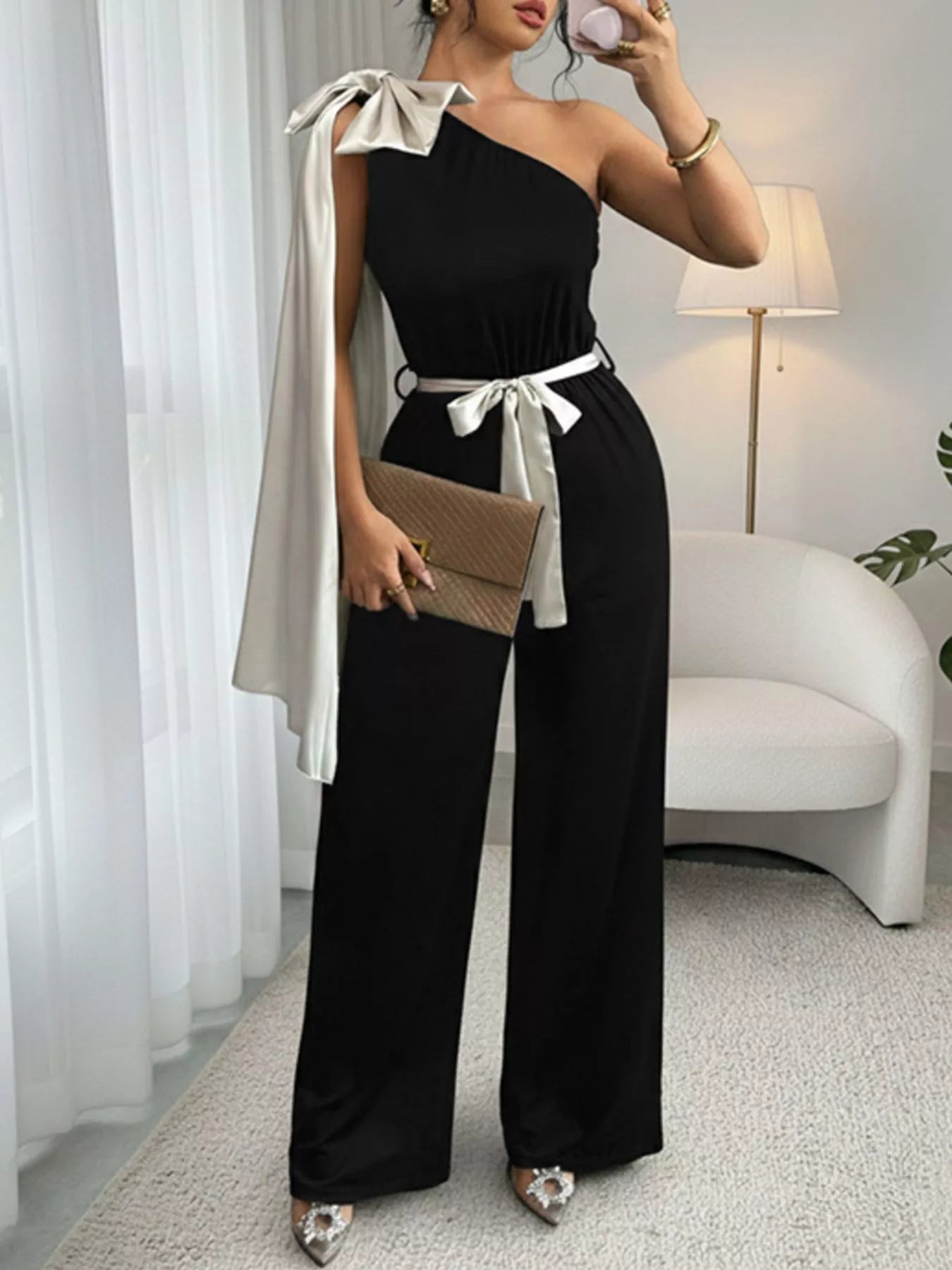 One - Shoulder Bowknot Wide Leg Jumpsuit - Rochelle's House LLC