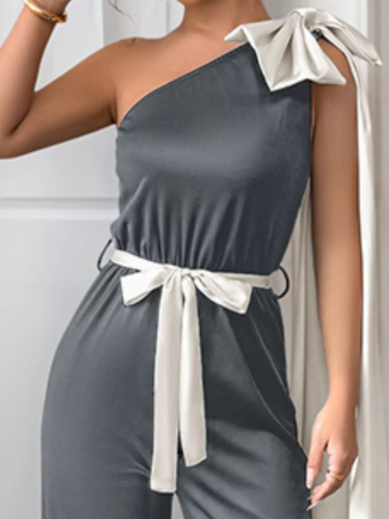 One - Shoulder Bowknot Wide Leg Jumpsuit - Rochelle's House LLC