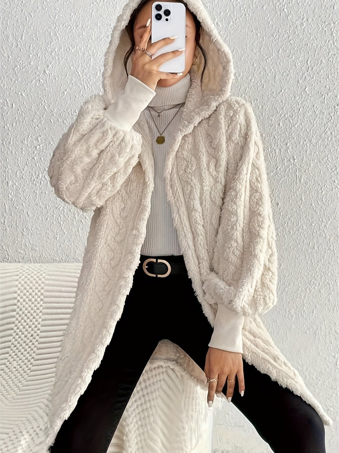 Open Front Long Sleeve Fuzzy Hooded Jacket - Rochelle's House LLC