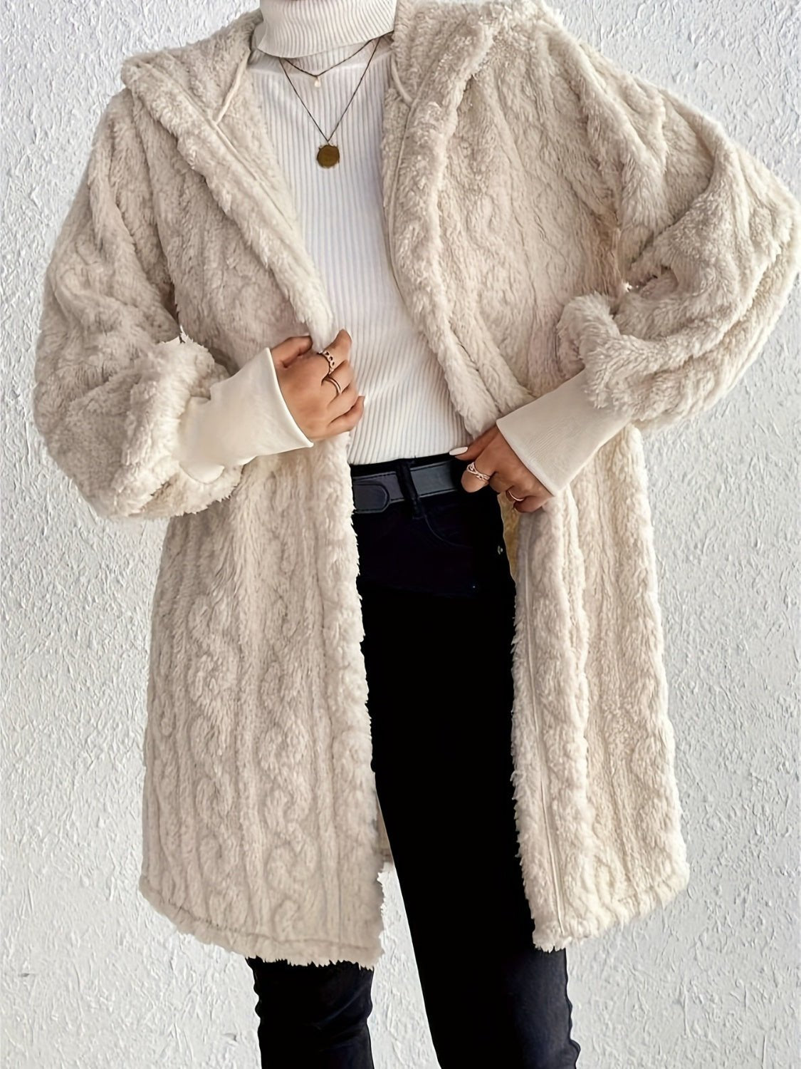 Open Front Long Sleeve Fuzzy Hooded Jacket - Rochelle's House LLC
