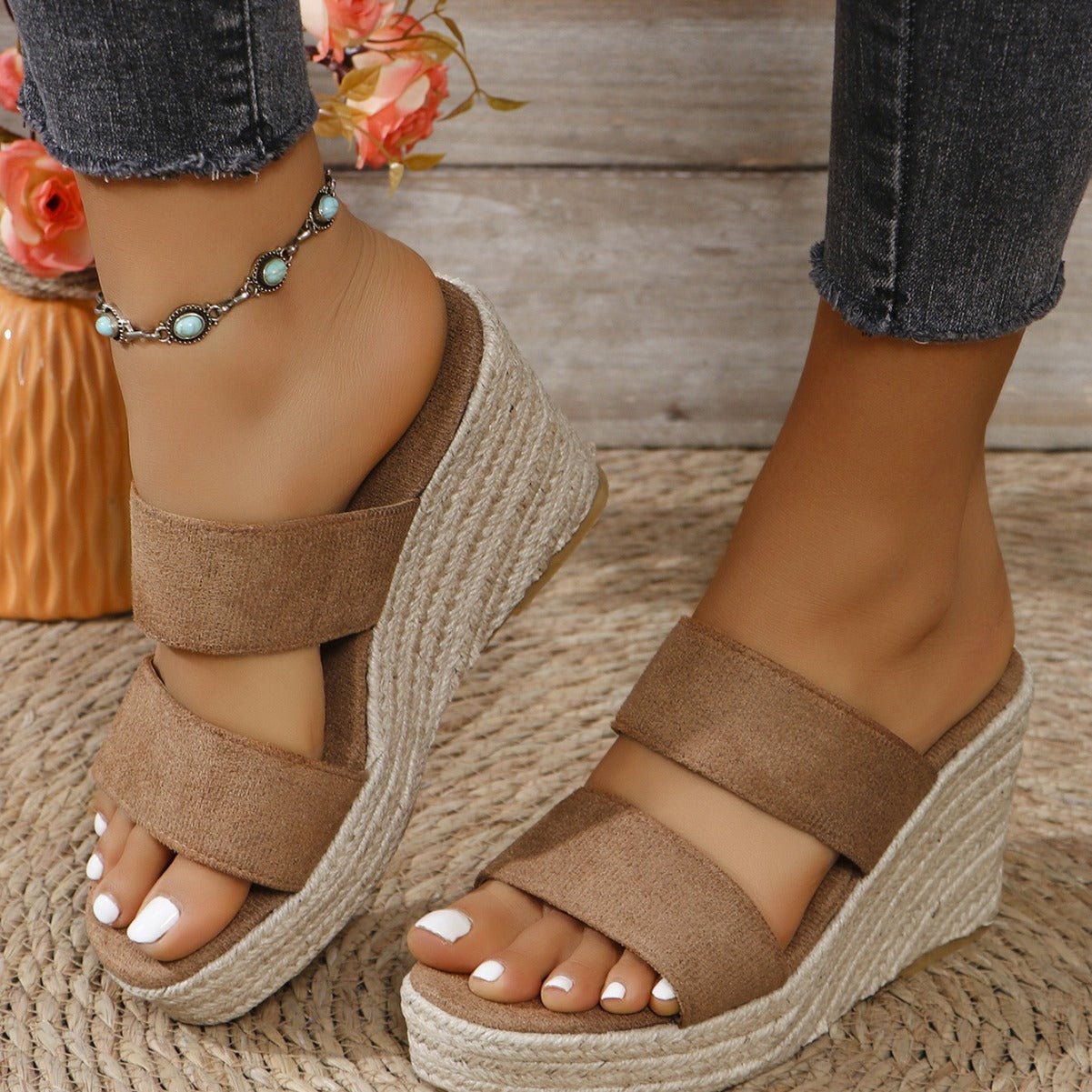 Front view of Open Toe Platform Wedge Sandals in Black showing neckline and sleeve details
