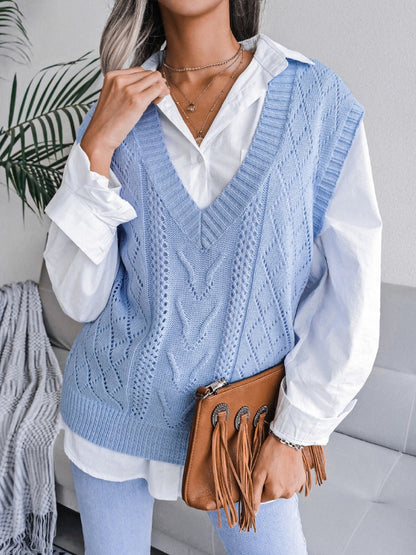 Front view of Openwork V-Neck Sweater Vest in Light Blue showing neckline and sleeve details (100% acrylic Care instructions)