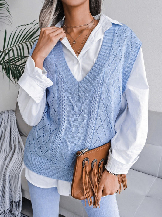 Front view of Openwork V-Neck Sweater Vest in Light Blue showing neckline and sleeve details (100% acrylic Care instructions)