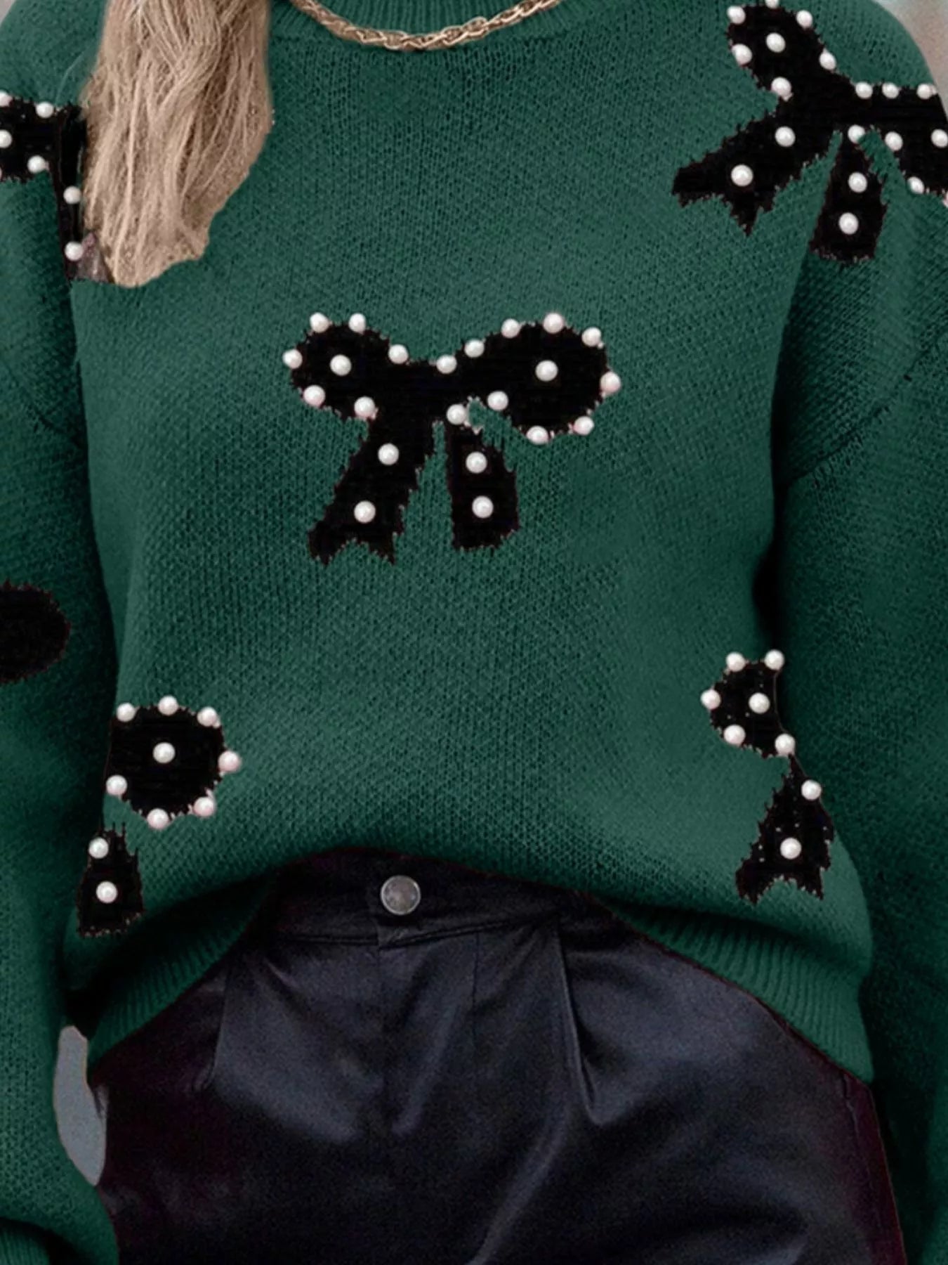 Pearl Bow - Embellished Long Sleeve Sweater - Rochelle's House LLC